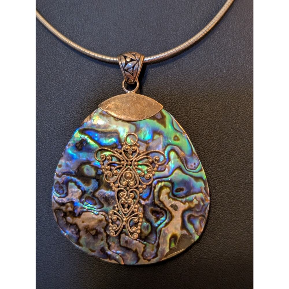 Signed SUARTI INDONESIA 925 Sterling Abalone Teardrop Pendant 18" Necklace